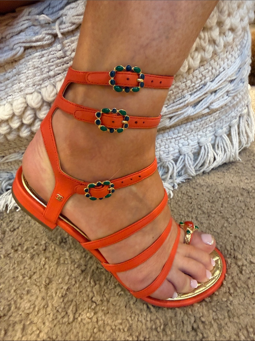 CHANEL Leather Sandals Gold Quilted Footbed EU 37.5